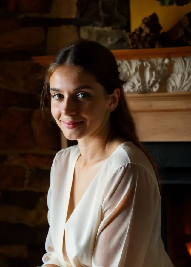 photo of a woman wearing a blouse ,sitting by a fireplace. beautiful soft natural side light. firelight. face, eyes. dark background, at night. romantic lighting. intricate details, skin pores, 8k