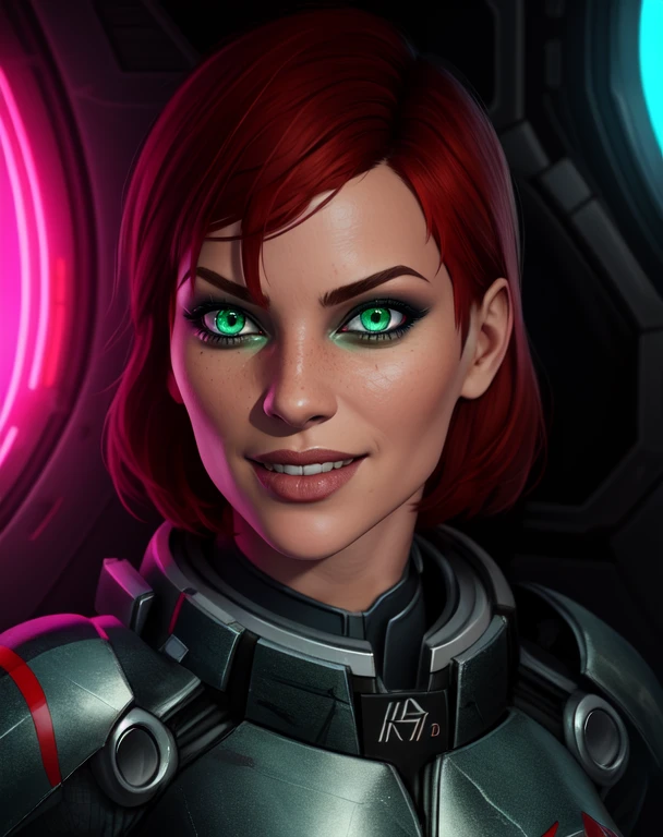 Jane, solo,short hair,red hair,green eyes, Shepard, black power armor, looking at viewer,
standing, upper body, N7,
space pod, neon lights, smile,
(insanely detailed, beautiful detailed face, masterpiece, best quality)
<lora:femshep-10v6:0.8>