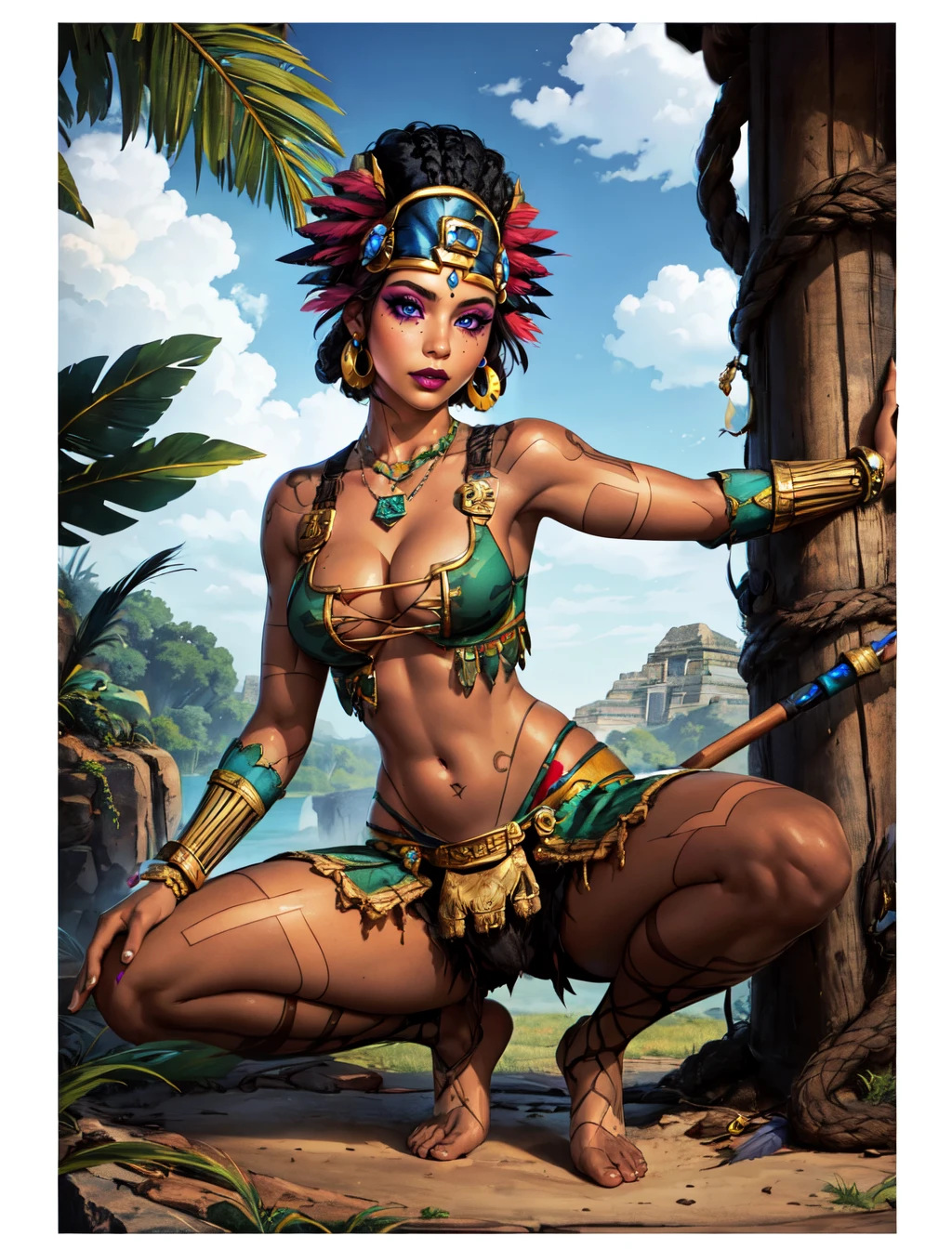 1 girl, (dark skinned female, black hair:1.3), black eyes, tribal girl, tribal accessories, naked, tribal tattoos, smirk, Island background, (masterpiece, highly detailed, best quality:1.5)