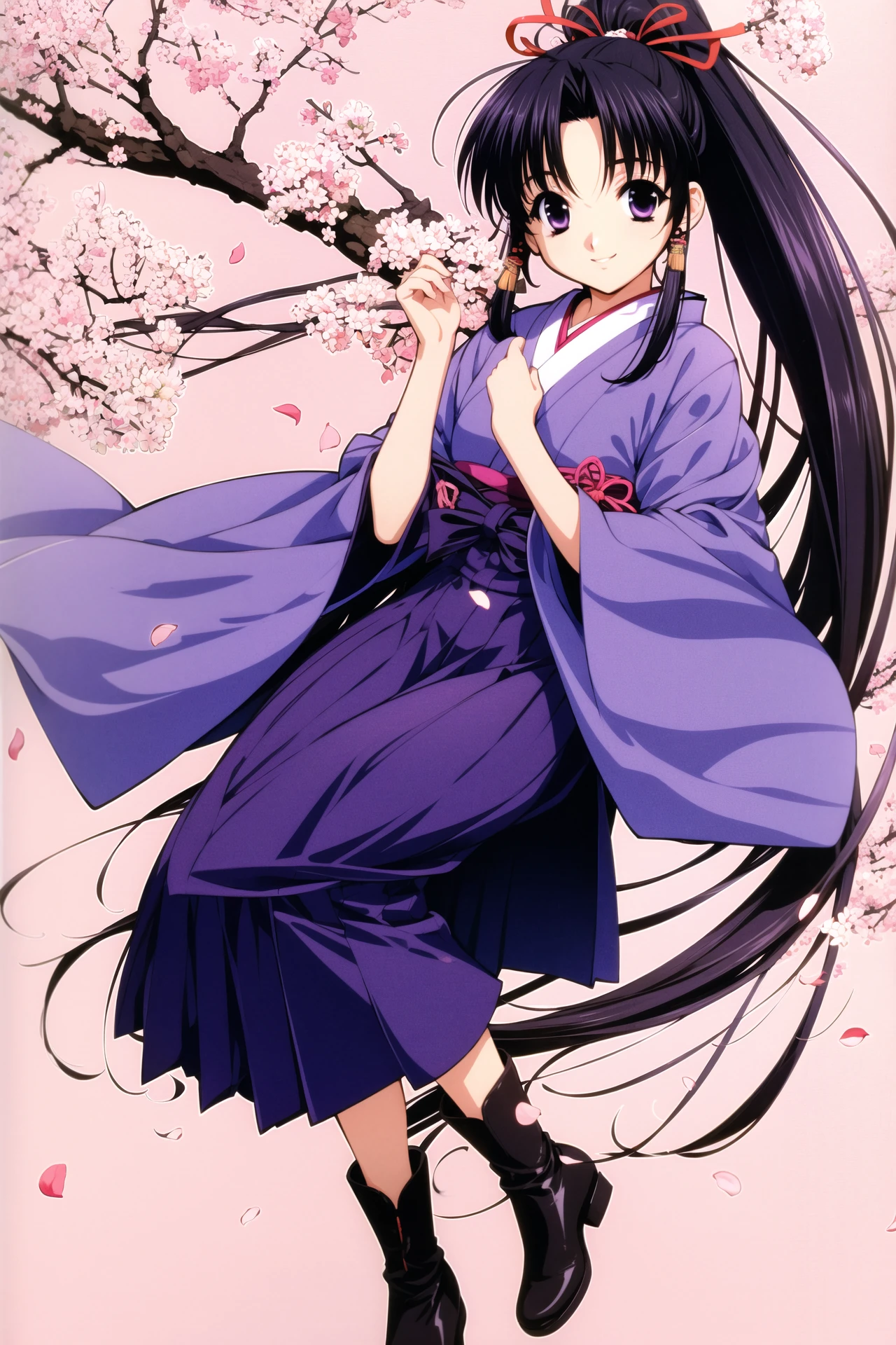 Haruka, 1girl, solo, japanese clothes, cherry blossoms, long hair, boots, purple eyes, ponytail, kimono, skirt, petals, hakama, black hair, hakama skirt, purple hakama, smile, own hands together, pink kimono, very long hair, <lora:Naoto Tenhiro_v2:0.8>
