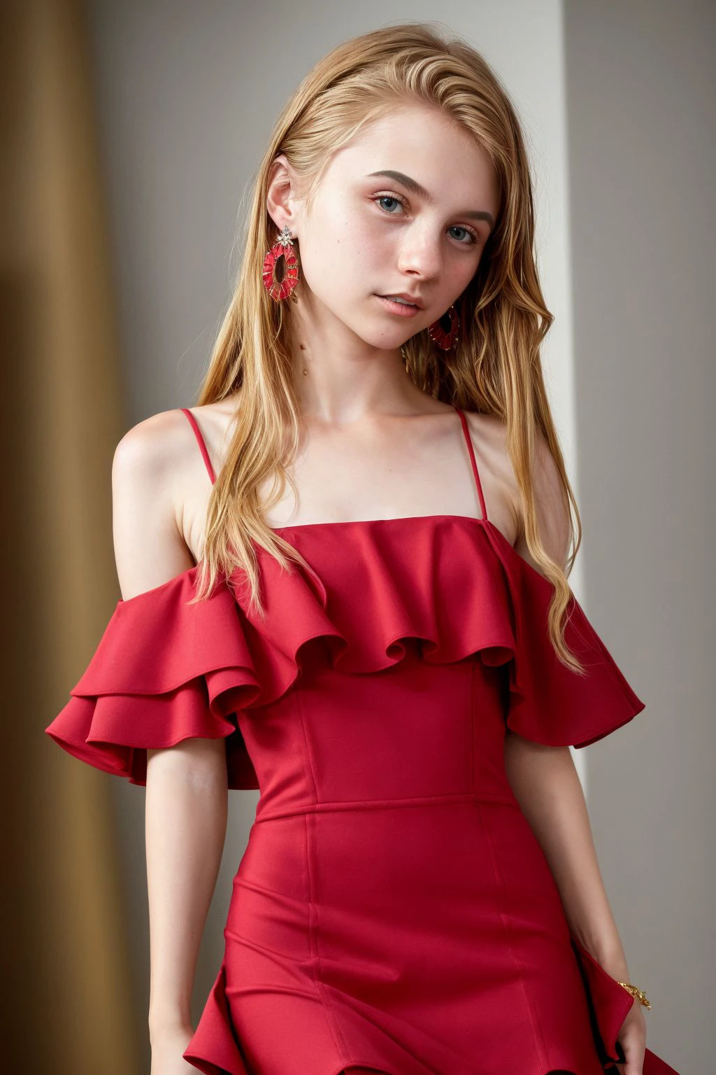 10 y.o girl, young, blonde, pale skin, white background, an analog film still of a lady, red dress, necklace, luxury