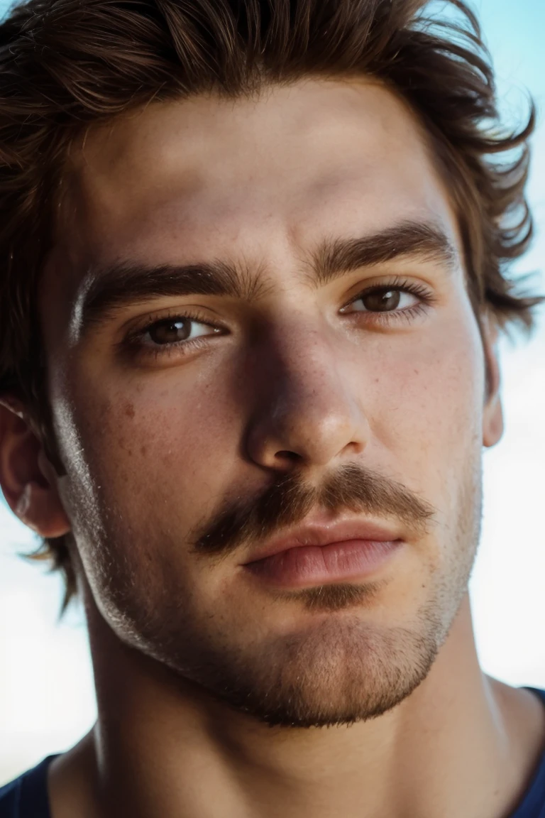 (1man),close-up portrait, brown eyes, large pectorals,  handsome, french, mustache,