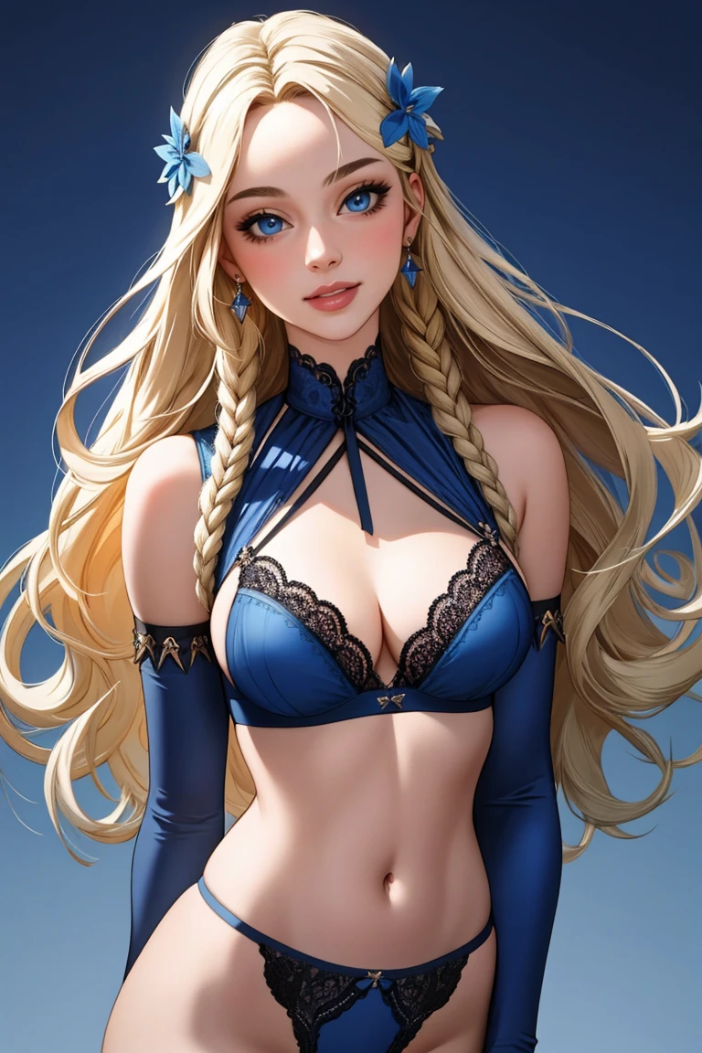 ((Masterpiece, best quality,edgQuality)),
long hair, breasts, looking at viewer, smile, blue eyes, blonde hair, hair ornament, navel, medium breasts, underwear, panties, braid, detached sleeves, bra, lips, blue background, underwear only, blue nails, blue panties, blue bra, wearing edgHL
 <lora:edgHentai_Lingerie_R:1>