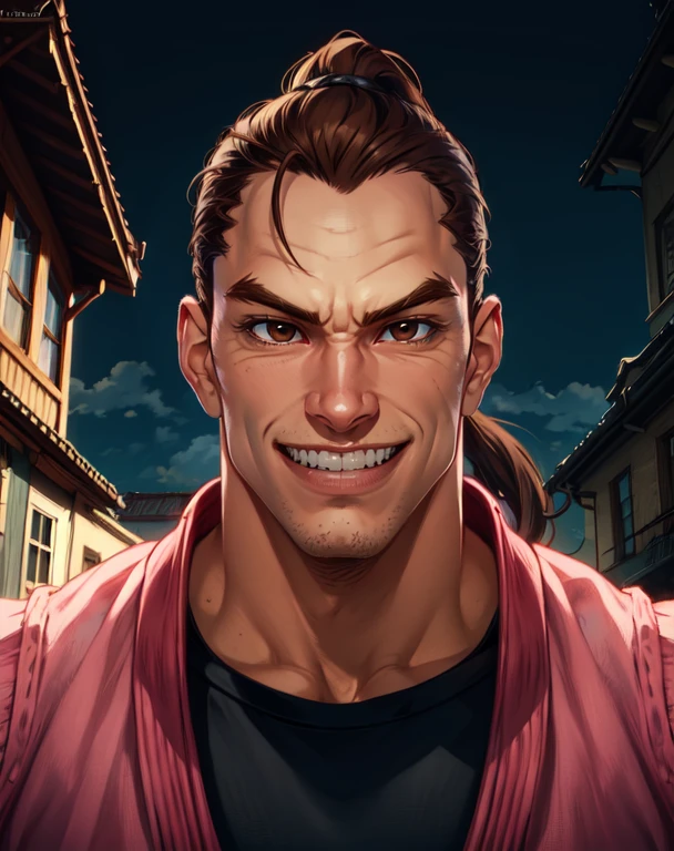dan,brown hair,brown eyes,ponytail,muscular male, looking at viewer,
pink dougi,black undershirt,fingerless gloves,
standing, happy, teeth,
smile,
dojo,outdoors,
(insanely detailed, beautiful detailed face, masterpiece, best quality) cinematic lighting,(solo:1.6),
<lora:danhibiki:0.7>,
