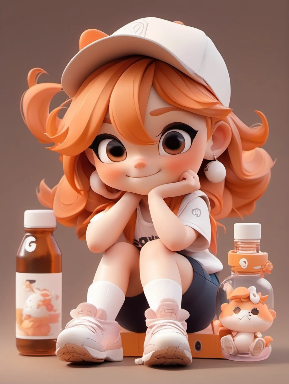Pixar style,MG_ip,1girl,hat,solo,jewelry,sitting,baseball cap,earrings,shoes,shorts,orange hair,long hair,smile,shirt,sneakers,white footwear,chibi,blush,socks,white shirt,bottle,looking at viewer,short sleeves,white socks,vest,full body,closed mouth,<lora:MG_ip-000007:1>,