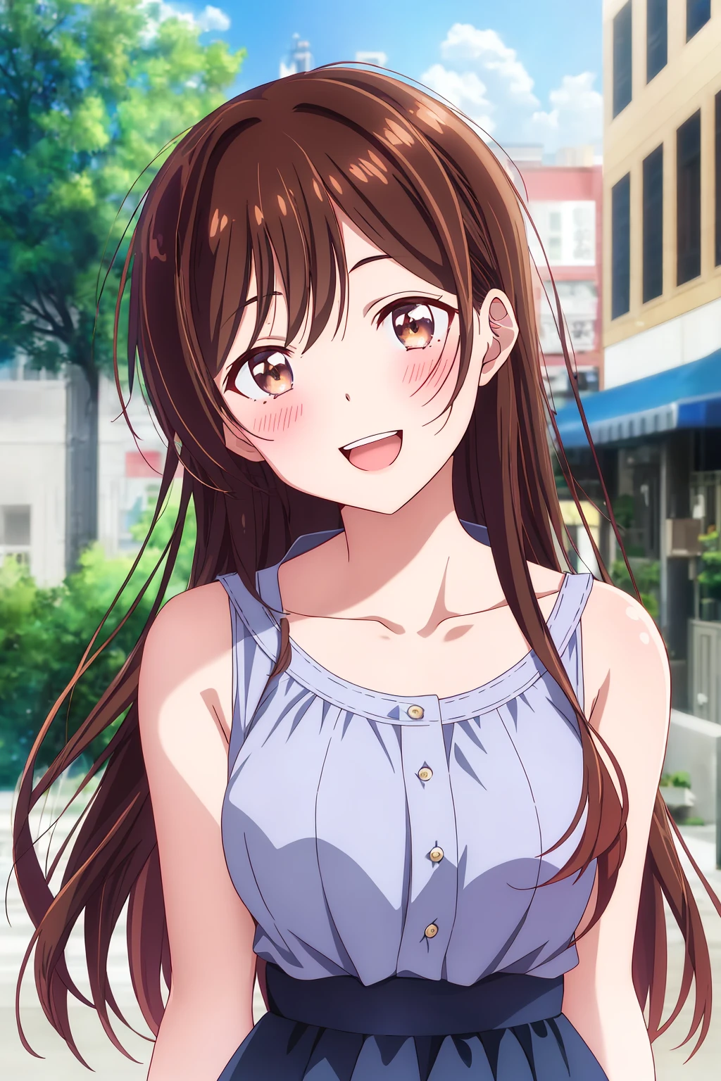 chizuru, 1girl, solo, long_hair, looking_at_viewer, blush, smile, open_mouth, bangs, brown_hair, shirt, dress, brown_eyes, collarbone, upper_body, outdoors, sleeveless, day, head_tilt, sleeveless_shirt, blurry_background, blue_dress, peeking_out