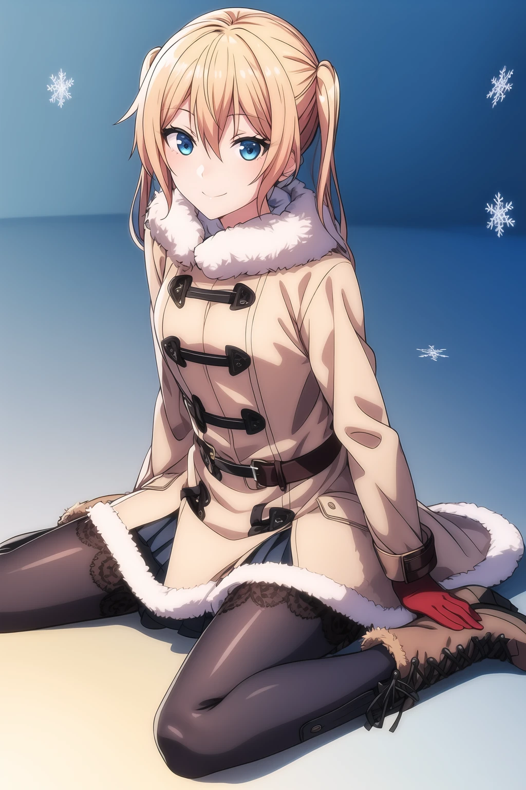 1girl, bangs, dark blue eyes, blonde hair, hair between eyes, medium hair, looking at viewer, smile, solo, twintails, homare_onishima, black legwear, boots, brown footwear, coat, cross-laced footwear, fur-trimmed boots, fur-trimmed jacket, fur-trimmed sleeves, fur trim, gloves, lace-up boots, pantyhose, pleated skirt, print legwear, red gloves, skirt, snowflake print, solo, wariza, <lora:add_detail:0.7>
