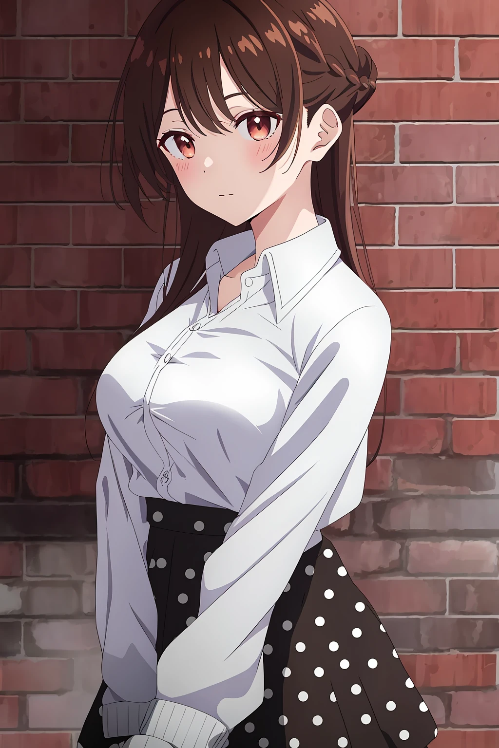 chizuru, 1girl, solo, long_hair, breasts, looking_at_viewer, blush, bangs, skirt, large_breasts, brown_hair, shirt, long_sleeves, brown_eyes, medium_breasts, closed_mouth, jacket, white_shirt, upper_body, braid, open_clothes, collared_shirt, black_skirt, open_jacket, sleeves_past_wrists, dress_shirt, buttons, white_skirt, cardigan, polka_dot, red_jacket, french_braid, half_updo, high-waist_skirt, v_arms, open_cardigan, brick_wall, polka_dot_skirt