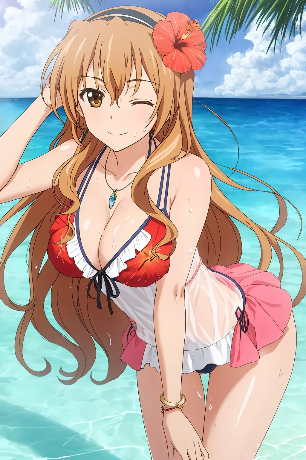 kouko, 1girl, solo, long_hair, breasts, looking_at_viewer, smile, large_breasts, brown_hair, hair_ornament, dress, cleavage, brown_eyes, jewelry, very_long_hair, swimsuit, flower, hairband, one_eye_closed, hair_flower, water, necklace, wet, one-piece_swimsuit, leaning_forward, hibiscus