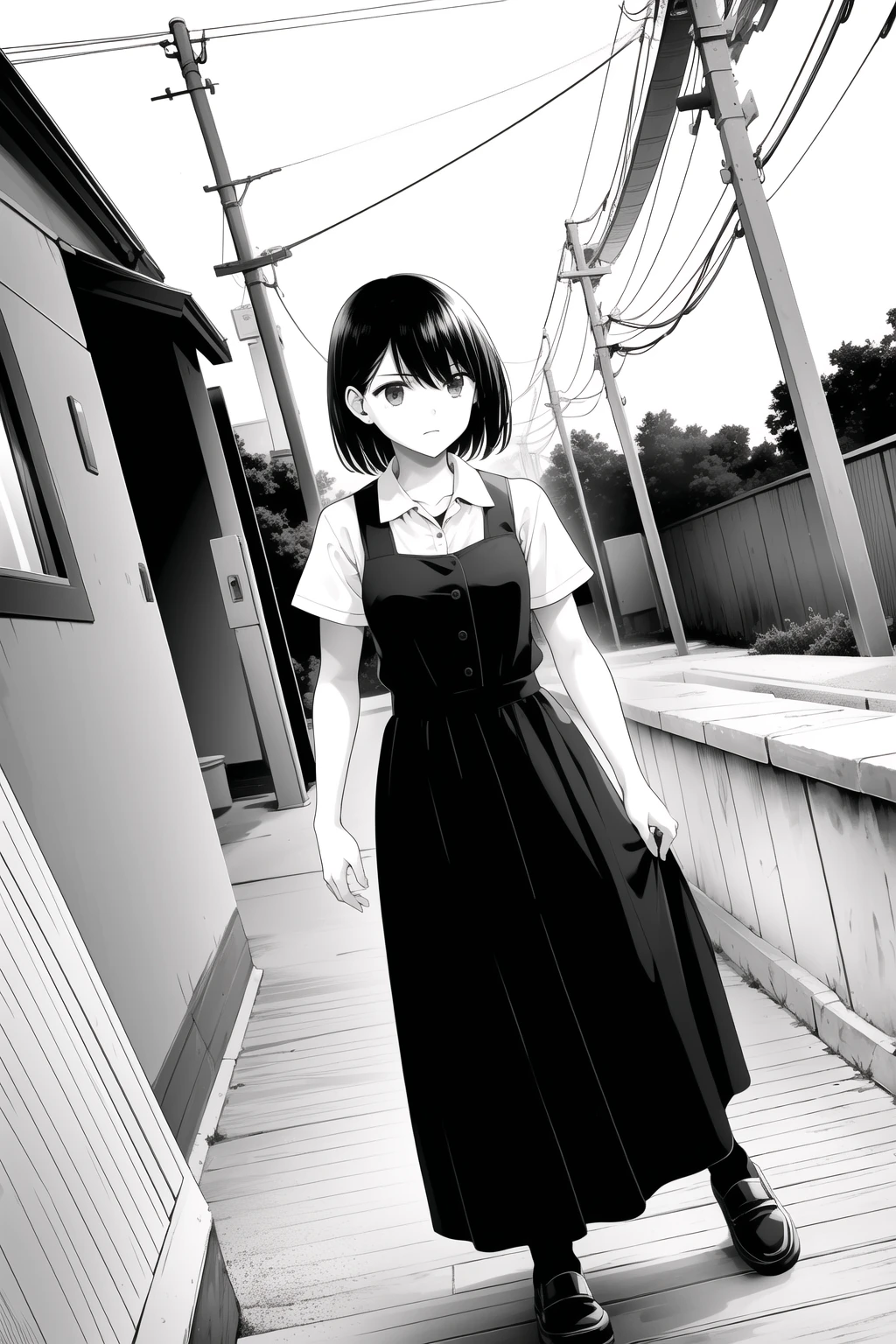 masterpiece, absurdres, manga, monochrome, grayscale, 1girl, standing, solo, 1girl