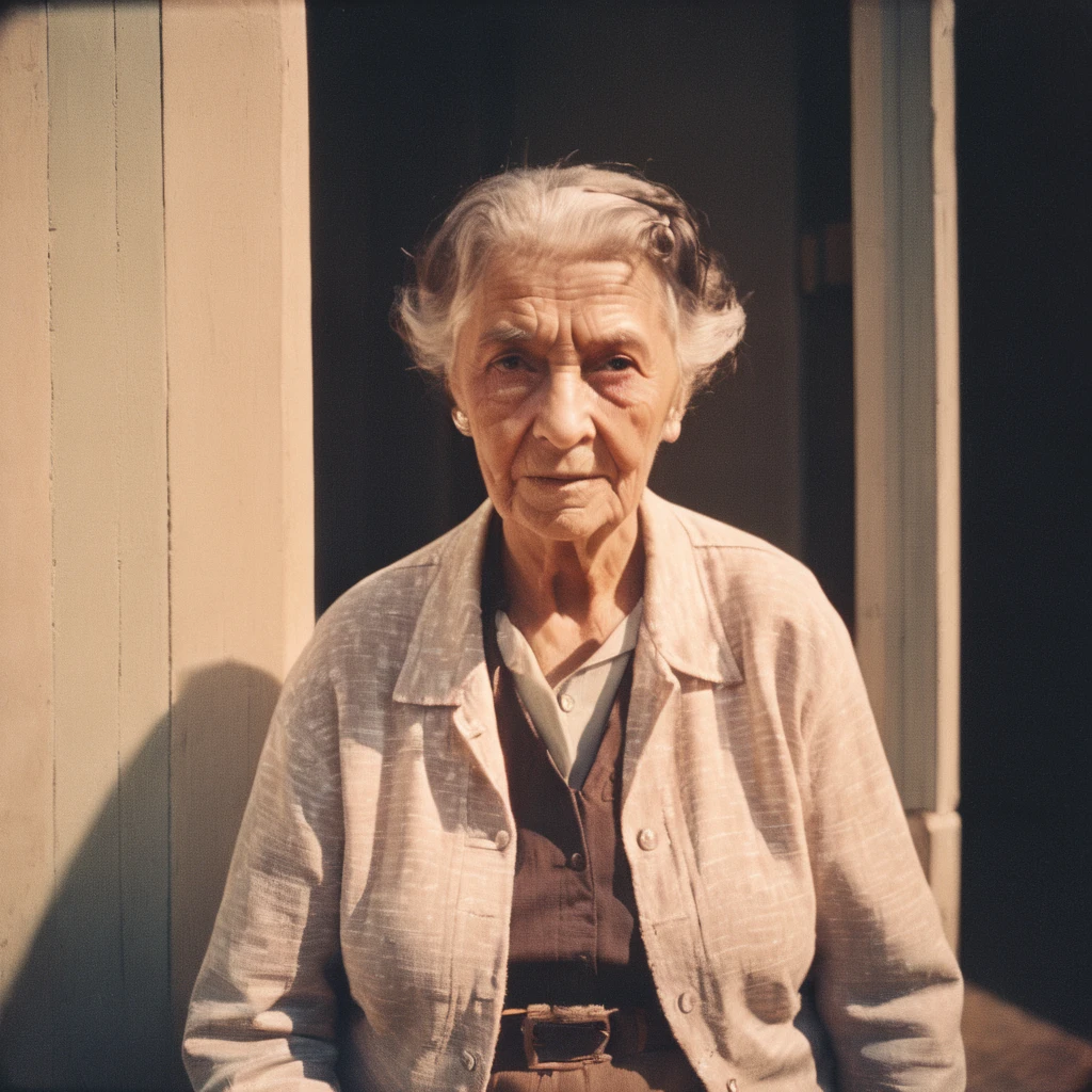 Vintage Photograph, Elderly Woman Portrait, Analog Film, Wearing Time-worn Clothes, 1950s, Soft Lighting, Wrinkled Skin Texture, Simple Background, Rule of Thirds Composition, Visible Grain, Shallow Focus, Amelia Earhar
,analog, AnalogRedmAF,
<lora:AnalogRedmondV2-Analog-AnalogRedmAF:1>