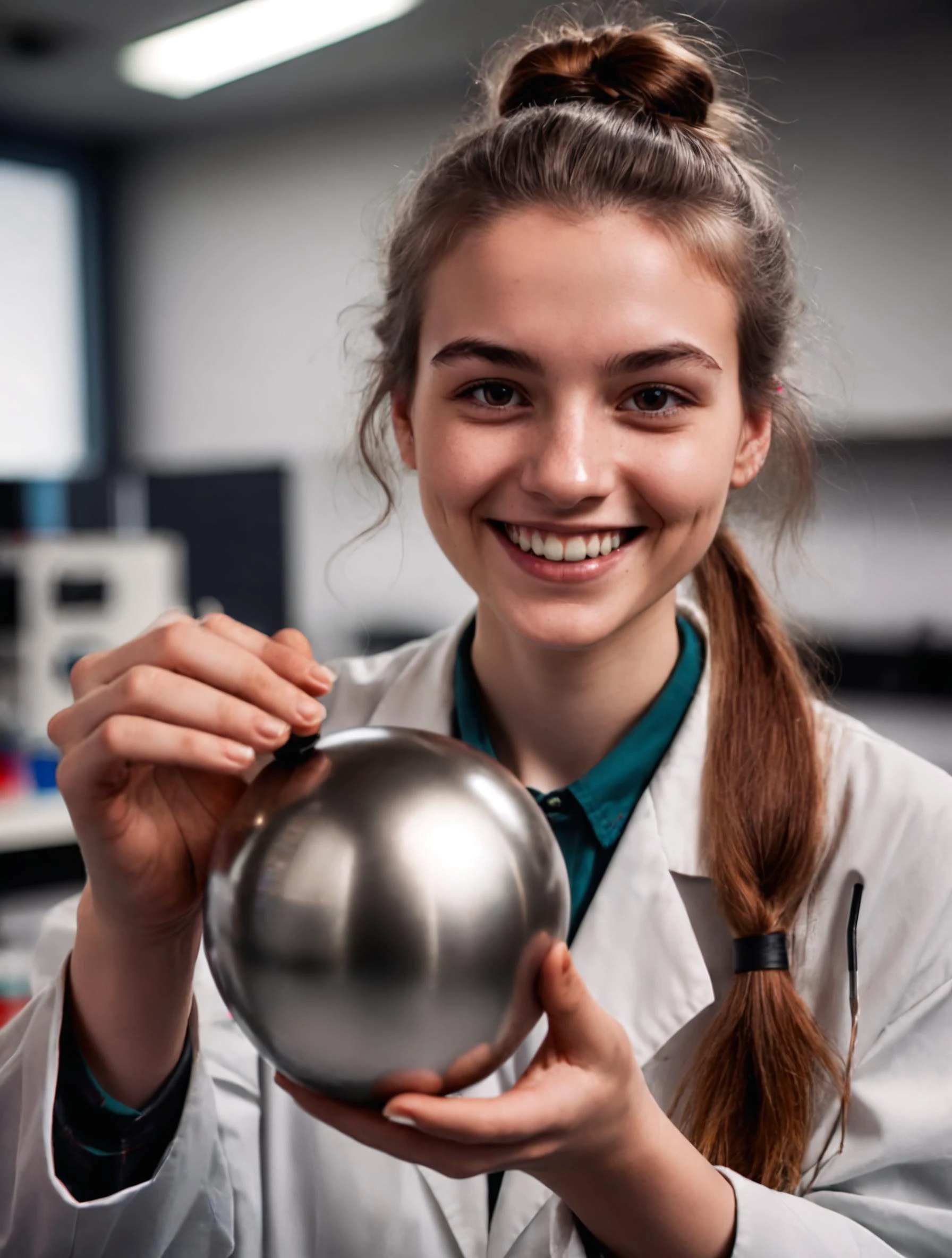 photo of 20 y.o woman, hair knot, scientist, smiling, science lab, holding a metal ball, close up