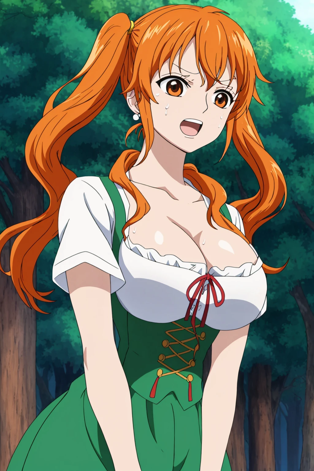 nami, 1girl, solo, long_hair, breasts, open_mouth, large_breasts, shirt, cleavage, twintails, brown_eyes, jewelry, collarbone, white_shirt, upper_body, short_sleeves, earrings, outdoors, teeth, orange_hair, sweatdrop, tree, orange_eyes, tattoo, parody, nature, forest, underbust, anime_coloring, german_clothes, dirndl
