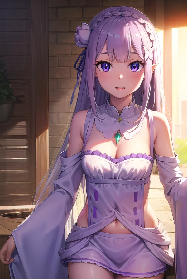 rezeroemilia, <lora:rezeroemilia-lora-nochekaiser:1>, 
emilia, braid, crown braid, flower, hair flower, hair ornament, hair ribbon, long hair, low-tied long hair, (purple eyes:1.2), pointy ears, white flower, x hair ornament, <lora:talkmouth_E_v100:1>, open mouth,
BREAK bare shoulders, detached collar, dress, long sleeves, low-tied long hair, navel, pink dress, shoulder cutout, thigh gap, wide sleeves,
BREAK outdoors, city,
BREAK looking at viewer, (cowboy shot:1.5),
BREAK <lyco:GoodHands-beta2:1>, (masterpiece:1.2), best quality, high resolution, unity 8k wallpaper, (illustration:0.8), (beautiful detailed eyes:1.6), extremely detailed face, perfect lighting, extremely detailed CG, (perfect hands, perfect anatomy),