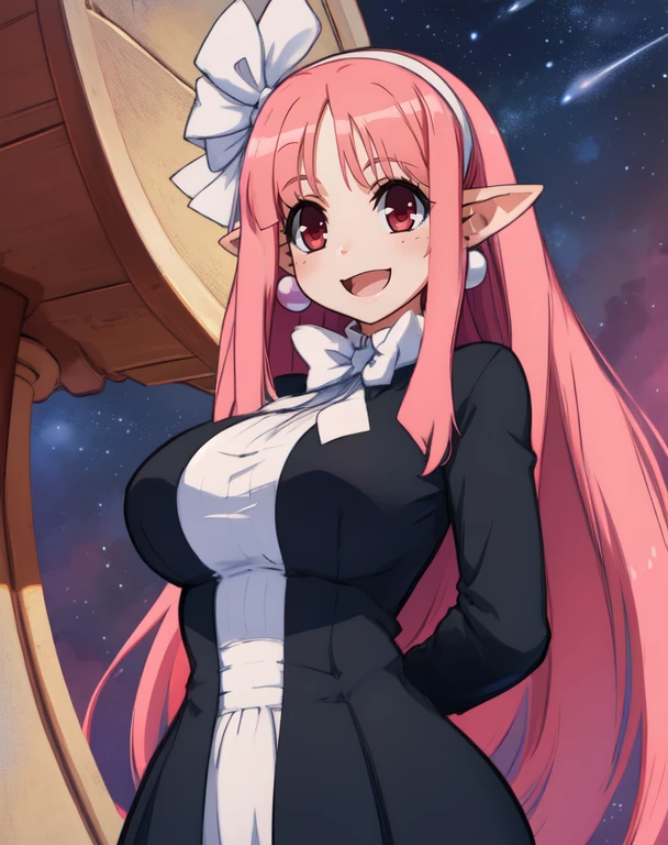 Witch, long pink hair,pointy ears,red eyes ,
hips,
smiling, standing, upper body,
black dress, white ribbon, white hairband,long sleeves,earrings,
fun park, stars,
(insanely detailed, beautiful detailed face, masterpiece, best quality), <lora:Witch-10v5:0.8>