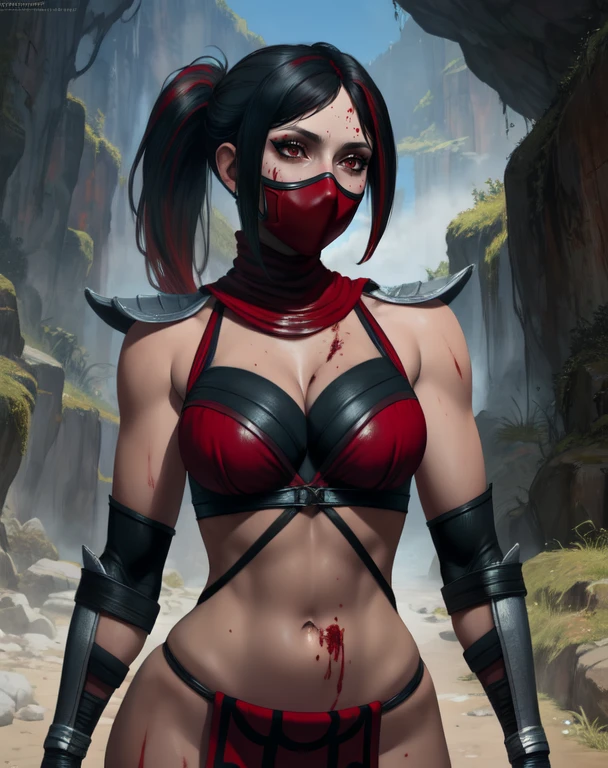 Skarlet,red eyes,black hair,multicolored hair,toned, ponytail, mouth mask,
fingerless gloves, scarf,pelvic curtain, gauntlets, navel, pelvic curtain,
standing, upper body,
blood splatters on skin, dungeon, mortal kombat,
(insanely detailed, beautiful detailed face,beautiful detailed eyes, masterpiece, best quality) solo,<lora:Skarlet5:0.7>,