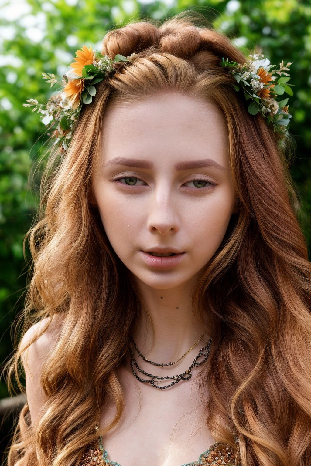 HelgaGrey <lora:HelgaGrey_v1.1:1> 
 full body shot by Chuck Close, 1girl, solo, rule of thirds, perfect compostion, detailed hair and face, detailed eyes, pupils
Hippie-inspired elegance. Radiating a relaxed and ethereal charm in a flowing bohemian-inspired gown with lace details, earthy tones, and a deep V-neckline. Accessorized with layered necklaces, a flower crown, and suede fringe boots, exuding a romantic and free-spirited vibe.
close-up shots of faces, highly detailed, natural lighting, <lora:add_detail:1>