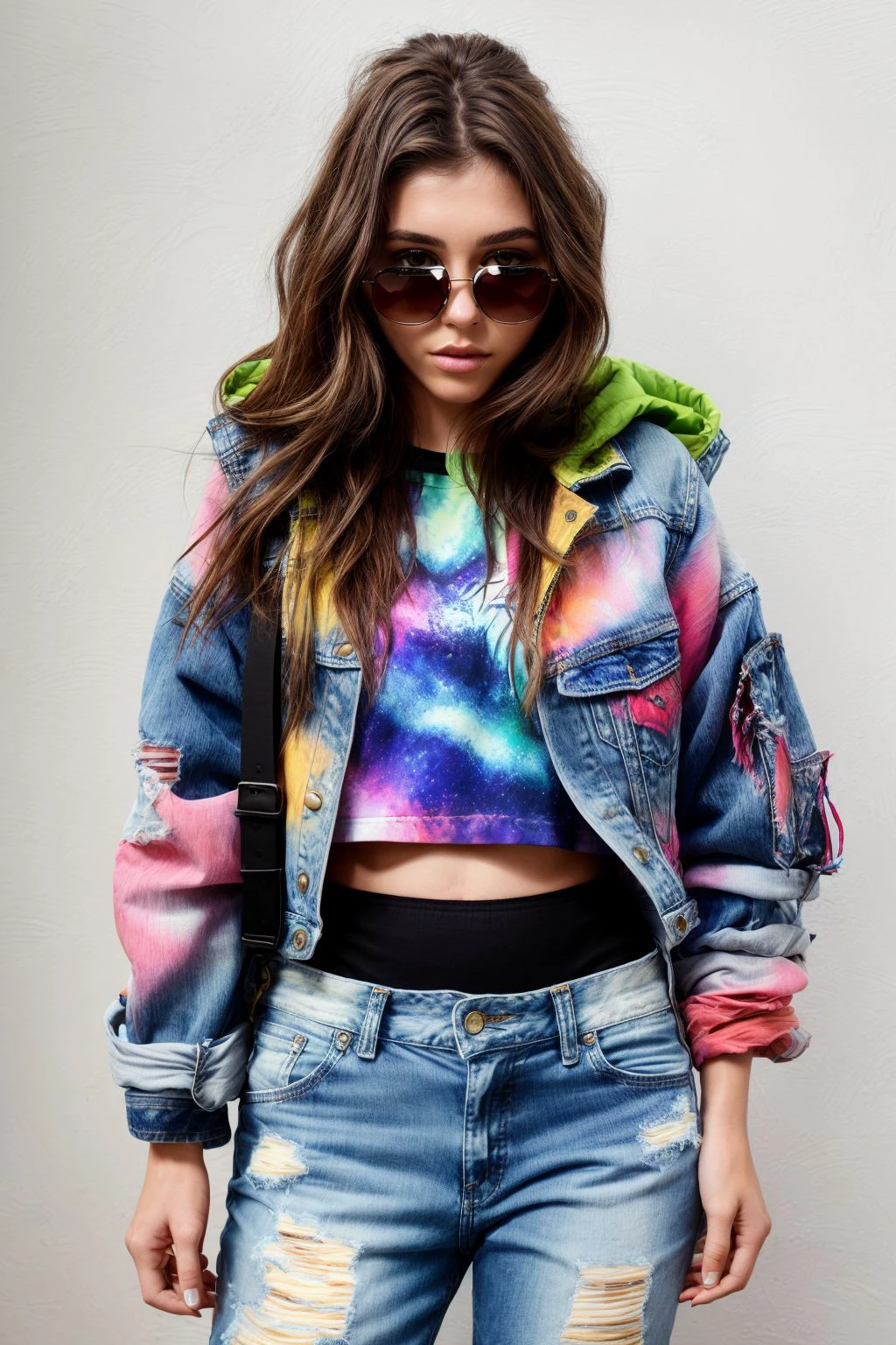 <lora:MilaAzul_2.0:.7>
finely detailed brush strokes, art by Chuck Close, 1girl, solo, rule of thirds, perfect compostion, detailed hair and ears,
The model rocks a trendy street-style look, sporting distressed high-waisted jeans paired with a graphic tee and a cropped denim jacket. Completing the outfit are chunky sneakers, oversized sunglasses, and a crossbody bag. This casual and edgy ensemble is ideal for a day of shopping or hanging out with friends.
close-up shots of faces, highly detailed, natural lighting, digital painting, <lora:add_detail:1>