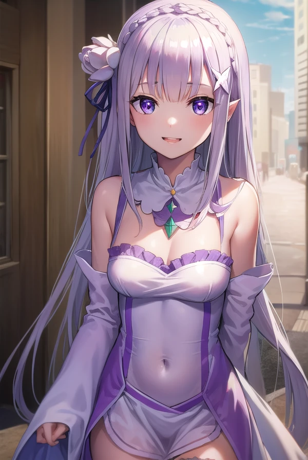 rezeroemilia, <lora:rezeroemilia-lora-nochekaiser:1>, 
emilia, braid, crown braid, flower, hair flower, hair ornament, hair ribbon, long hair, low-tied long hair, (purple eyes:1.2), pointy ears, white flower, x hair ornament, <lora:talkmouth_E_v100:1>, open mouth,
BREAK bare shoulders, detached collar, dress, long sleeves, low-tied long hair, navel, pink dress, shoulder cutout, thigh gap, wide sleeves,
BREAK outdoors, city,
BREAK looking at viewer, (cowboy shot:1.5),
BREAK <lyco:GoodHands-beta2:1>, (masterpiece:1.2), best quality, high resolution, unity 8k wallpaper, (illustration:0.8), (beautiful detailed eyes:1.6), extremely detailed face, perfect lighting, extremely detailed CG, (perfect hands, perfect anatomy),