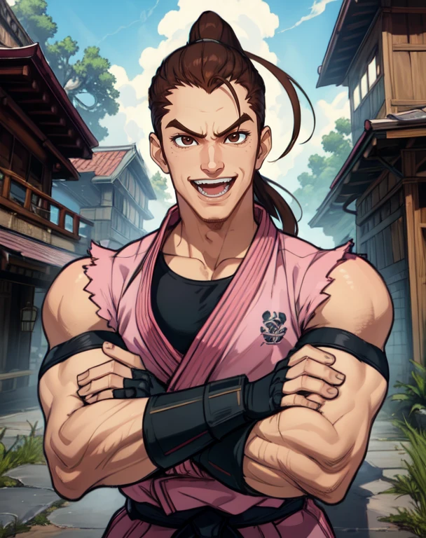 dan,brown hair,brown eyes,ponytail,muscular male, looking at viewer, 
pink dougi,black undershirt,fingerless gloves,
standing,open mouth,happy,
smile, crossed arms, 
dojo,outdoors, 
(insanely detailed, beautiful detailed face, masterpiece, best quality) cinematic lighting,(solo:1.6),
<lora:danhibiki:0.7>,