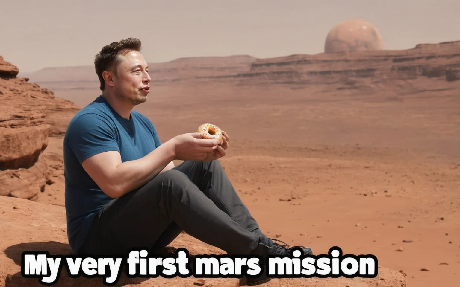 a photo of elon musk, sitting on a rock on planet mars, eating a donut, (text: "My very first mars mission":1.4)