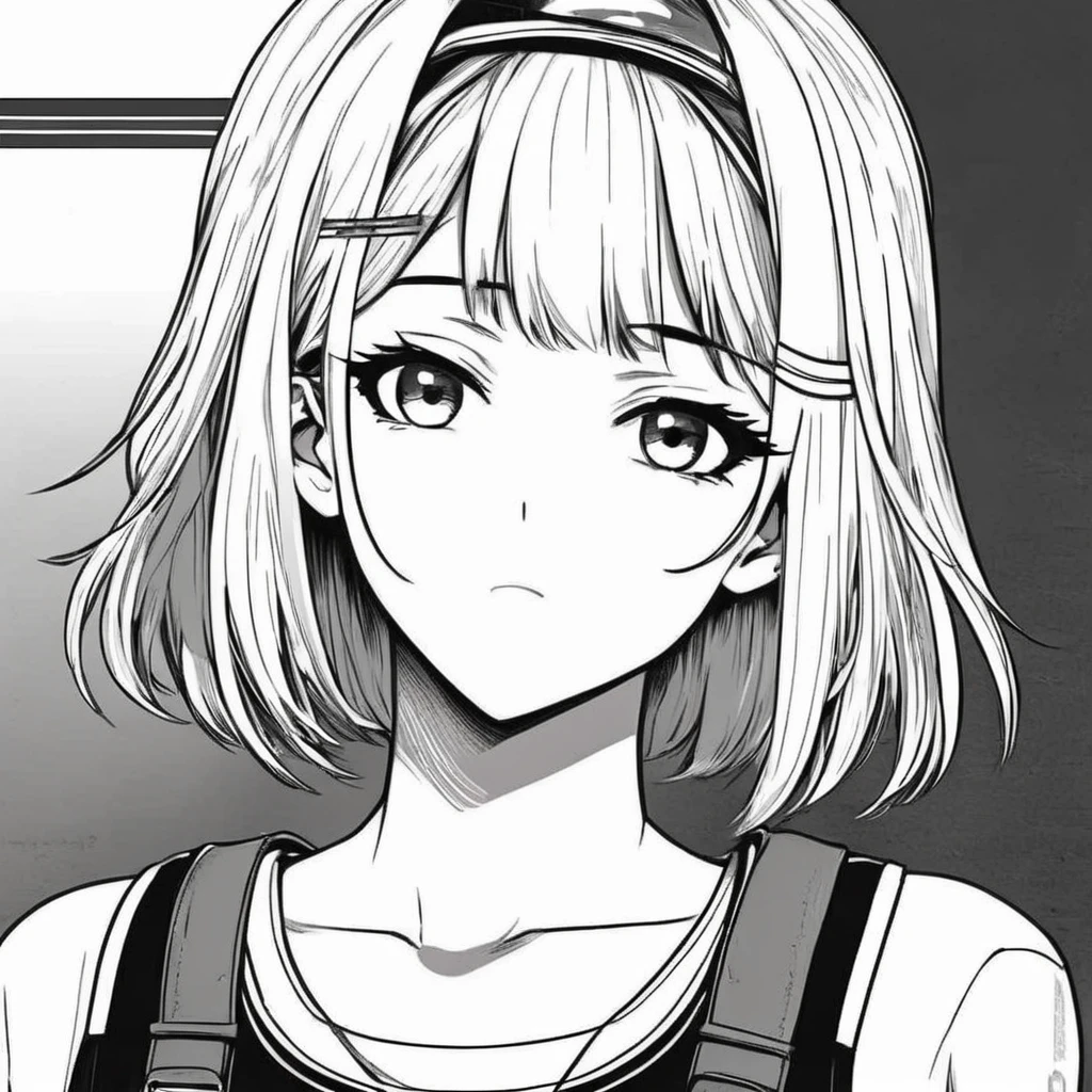 best quality, anime girl, bob cut hair, sleeveless solid T-shirt, plaster patch with print on a nose, dark lips, closed mouth, manga, (lineart), (monochrome), (colorless)
,Lineart, LineAniAF
,<lora:LineAniRedmondV2-Lineart-LineAniAF:1>