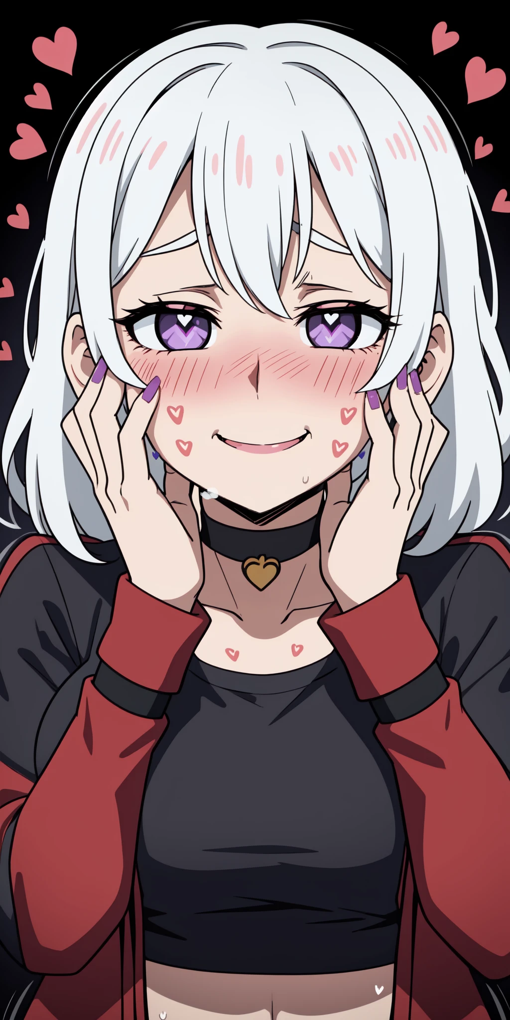 1girl,heart-shaped pupils,fingernails,hands on own face,white hair,purple eyes,(blush:1.1),choker,upper body,trembling,sweat,sweatdrop,heart,(speed lines:1.1),medium breasts, ((heavy breathing:1.3)), love, heart, crop top, happy, smile