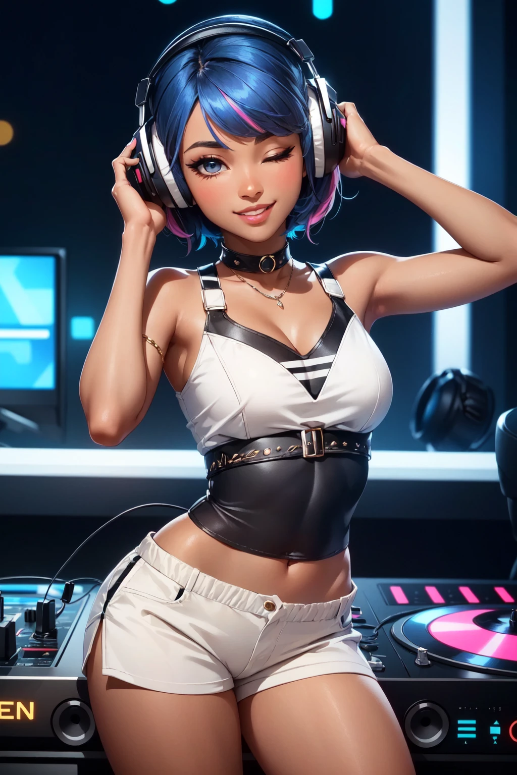 (masterpiece, best quality:1.4), (beautiful, aesthetic, perfect, delicate, intricate:1.2), (cute, adorable), (bokeh, depth of field:1.2), 8k, hdr, unity, wallpaper, (1girl, solo), colorful, vivid colors, moody, mood lighting, (cinematic lighting), cinematic, (dark skin, black skin, ebony:1.2), perfect female form, perfect face, glossy pink lips, expressive eyes, eyeshadow, eyeliner, colored hair, (hi-top fade:1.3), natural breasts, (female dj), luminescent choker, luminescent belt, night club, white short, striped panties, short shorts, dj disc jockey, dj disc player, neon lights, neon clothes, headphones, smile, (one eye closed), (winking \(animated\):1.2), (hands on head), looking at viewer,