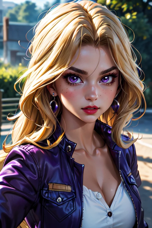 (masterpiece:1.2), (best quality), (ultra detailed), (8k,4k),(half body:1.2),(cowboy:1.2),(highly detailed:1.2),(detailed face:1.2), (detailed background),(portrait),detailed landscape,(dynamic pose:1.2),(perfect lightingbest quality),<lora:more_details:0.5>, <lora:mai:0.7>mai 1girl, solo, long hair, breasts, blonde hair, cleavage, jewelry, purple eyes, collarbone, jacket, upper body, earrings, makeup, lipstick, retro artstyle, purple jacket