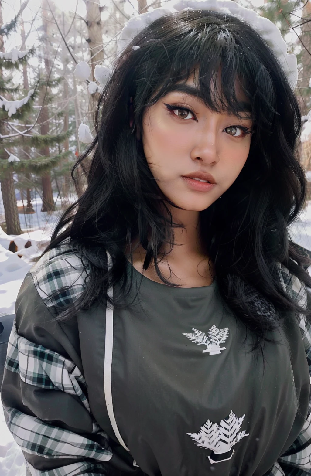 uniquesora, 1girl, waist up:1.5, black hair, makeup+eyeliner, thick eyebrows, eyeliner, dark-skinned female, very dark skin, facing_viewer, detailed face+black eyes:1.3, closed mouth, wearing plaid pajamas, outdoors, background: enchanted snow covered forest, trees, animals, <lora:Unique-sora:1>