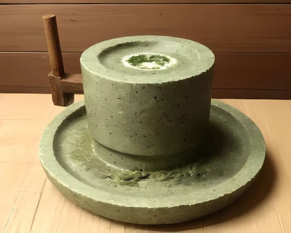 <lora:tea_mill_v1:0.5>, tea_mill, stone_mill, realistic, highres, green tea powder, wood