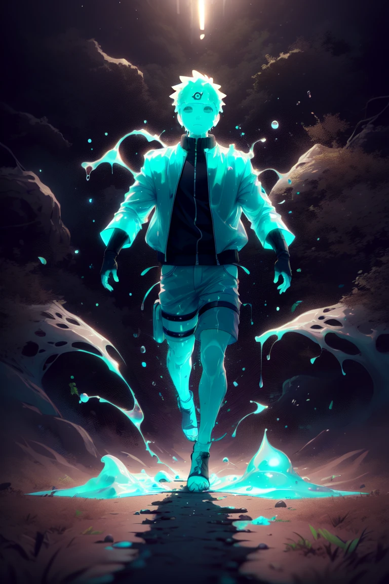 <lora:MintSlimeSkin3:1>, mintslimeskin , luminescent translucent body ,
1boy,    <lora:Naruto:0.7> uzumaki naruto,   konohagakure symbol, jacket,