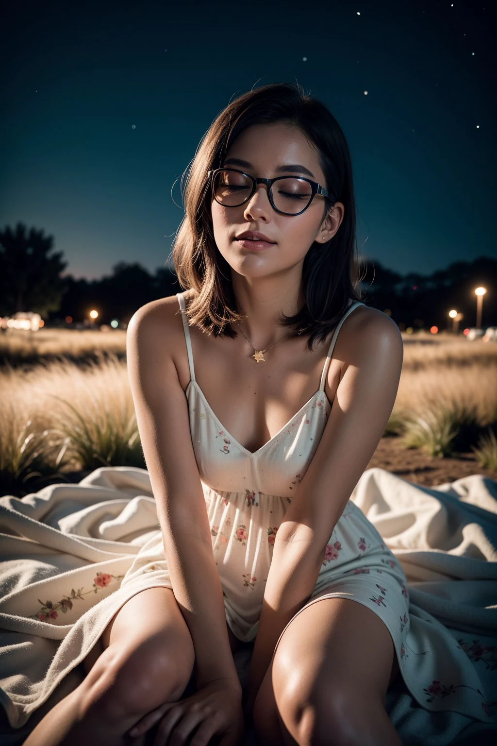 RAW photo, from below, a woman lying on a soft blanket, (eyes closed), in a grassy field, stargazing under a clear night sky, a relaxing situation at twilight, the twinkling stars above creating a peaceful and magical atmosphere, a moment of serenity and wonder, Floral print dress with ballet flats, Pageboy cut haircut, Emerald haircolor, low angle, upper body, direct flash photography, vignette, sharp focus, prominent grain, in the style of (Brandon Woelfel:1.4)