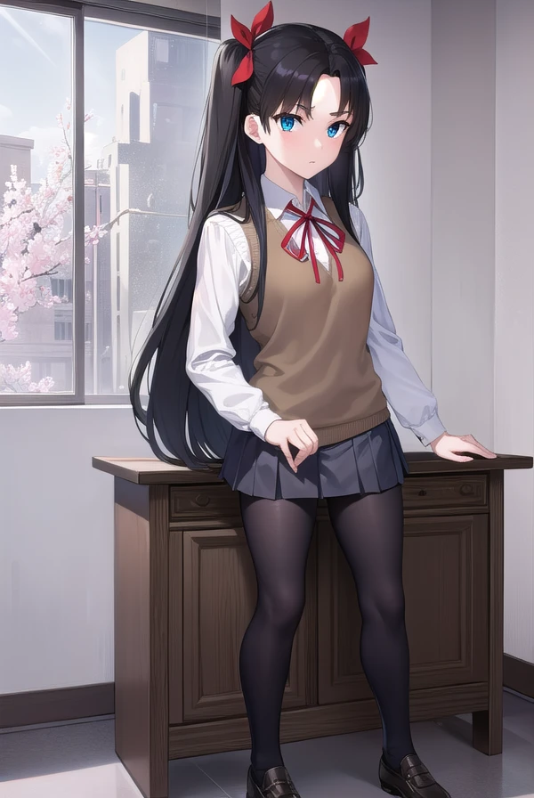 rintohsaka, <lora:rintohsaka-lora-nochekaiser:1>,
rin tohsaka, aqua eyes, (black hair:1.5), hair ribbon, long hair, ribbon, sidelocks, two side up, (parted bangs:1.5),
BREAK (brown sweater vest:1.2), collared shirt, homurahara academy school uniform, neck ribbon, red ribbon, ribbon, school uniform, shirt, sweater vest, white shirt,
BREAK indoors, classroom,
BREAK looking at viewer, cowboy shot, (full body:1.5),
BREAK <lyco:GoodHands-beta2:1>, (masterpiece:1.2), best quality, high resolution, unity 8k wallpaper, (illustration:0.8), (beautiful detailed eyes:1.6), extremely detailed face, perfect lighting, extremely detailed CG, (perfect hands, perfect anatomy),