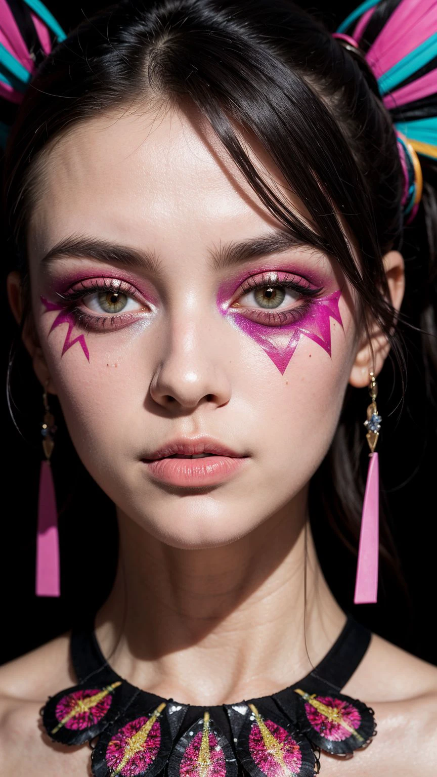 portrait of a fashion-forward individual with a fragmented, kaleidoscopic reflection of their face, showcasing avant-garde makeup and vibrant, abstract patterns illuminated by fluorescent lighting