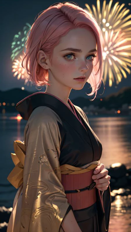 (ultra realistic, best quality, masterpiece, perfect face) pink hair, 18 years old european girl, flirting with POV, in traditional japanese gold&black kimono, ultra detailed kimono textures, high contrast, (natural skin texture, hyperrealism, soft light, sharp), night, kyoto, fireworks