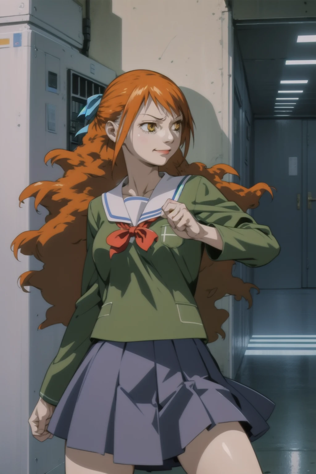 <lora:momomi-000038:1>, momomi,
serafuku, green shirt, skirt, fighting stance, science fiction, smug,
1girl, solo, cowboy shot