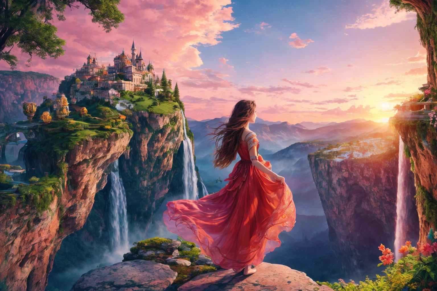 In a mesmerizing and visually stunning scene, depict a young girl striking an artistic posture that radiates grace and beauty. The artwork should be of the utmost quality, with an abundance of intricate details in the background. Craft a richly detailed environment, featuring elements such as lush, vibrant flora, cascading waterfalls, intricate architecture, and a breathtaking sky painted with the hues of a mesmerizing sunset. Create a composition that envelops viewers in a world of artistic elegance and transports them to a place of sheer beauty and wonder. Render all the scene in a highly detailed 8k resolution to get the best quality and add volumetric lighting and volumetric shadows