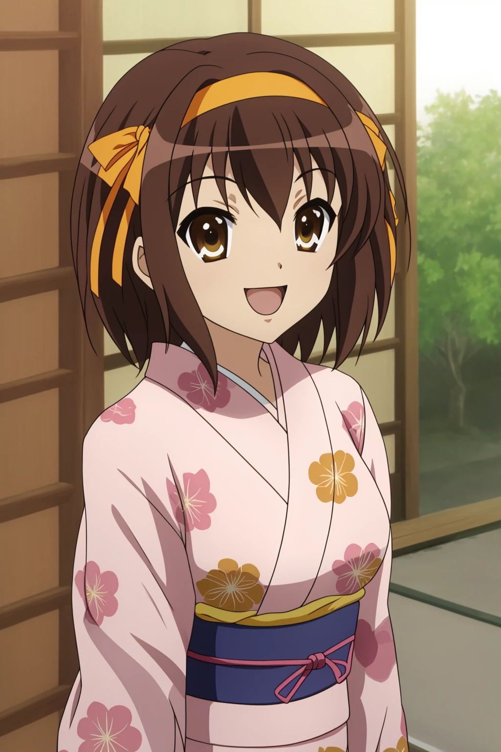 haruhi, 1girl, solo, breasts, smile, short_hair, open_mouth, bangs, brown_hair, ribbon, brown_eyes, medium_breasts, hair_ribbon, upper_body, :d, hairband, japanese_clothes, medium_hair, kimono, parody, yukata, pink_kimono, yellow_hairband, orange_hairband