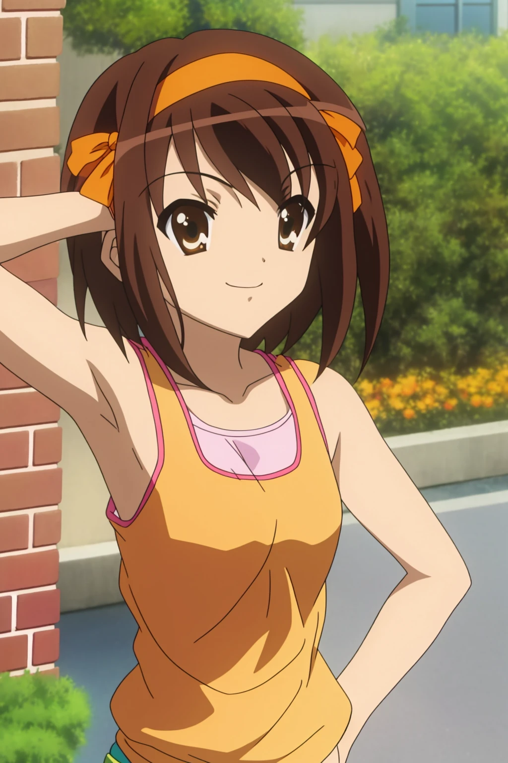 haruhi, 1girl, solo, smile, short_hair, brown_hair, shirt, ribbon, brown_eyes, hair_ribbon, upper_body, hairband, outdoors, medium_hair, armpits, arm_up, parody, tank_top, casual, bush, brick_wall, orange_shirt, orange_hairband, anime_coloring