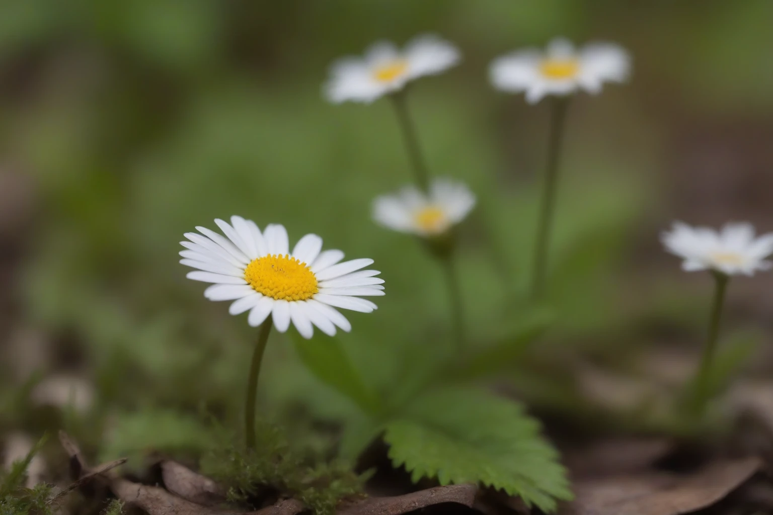 a perfect closeup photo of a tiny daisy flower on the overgrown forest floor