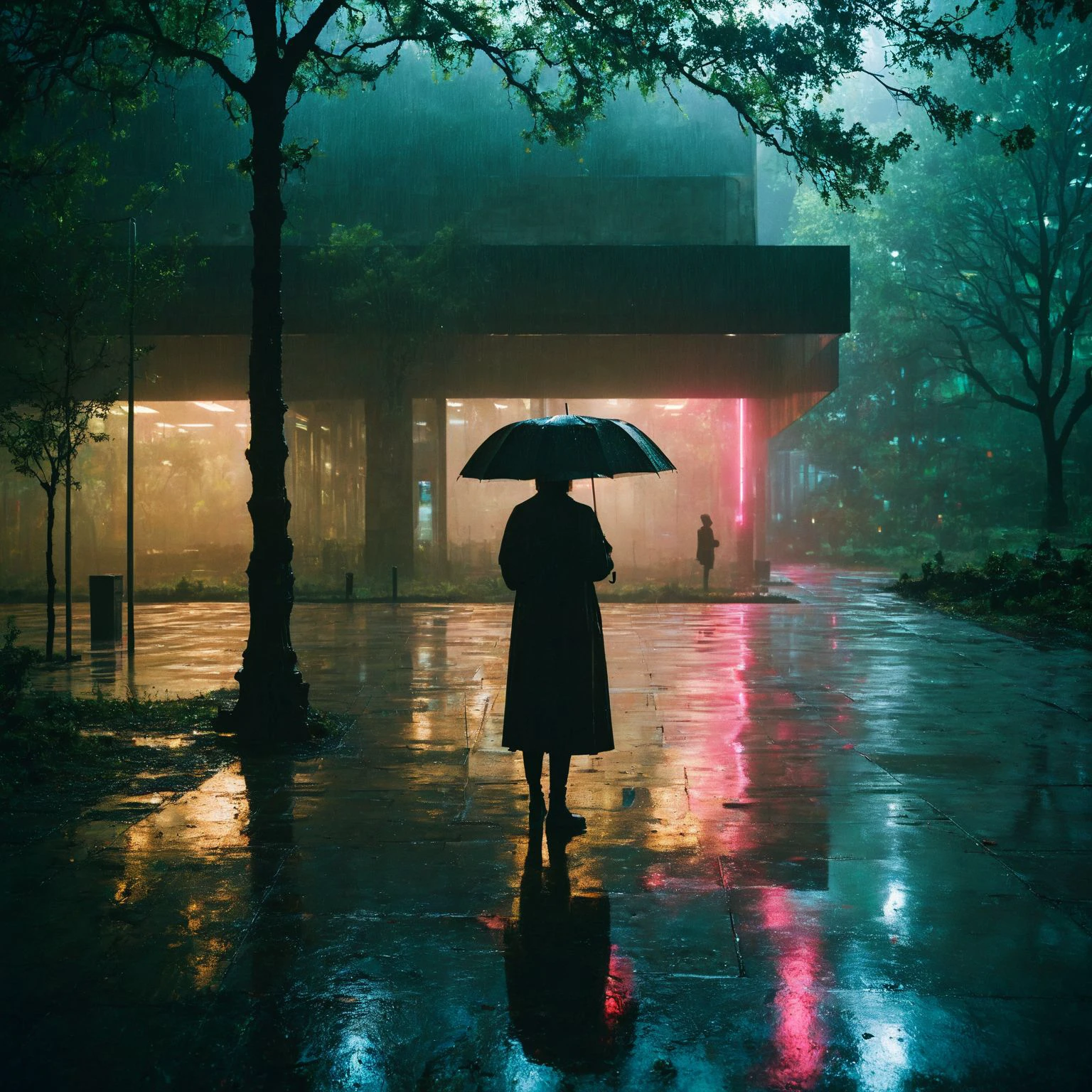 film photography style a dark, moody image of person holding an umbrella looking away, towards a neon building with trees overhead and wet concrete ground, very dark image <lora:FILM_PHOTOGRAPHY_STYLE-000017:1>