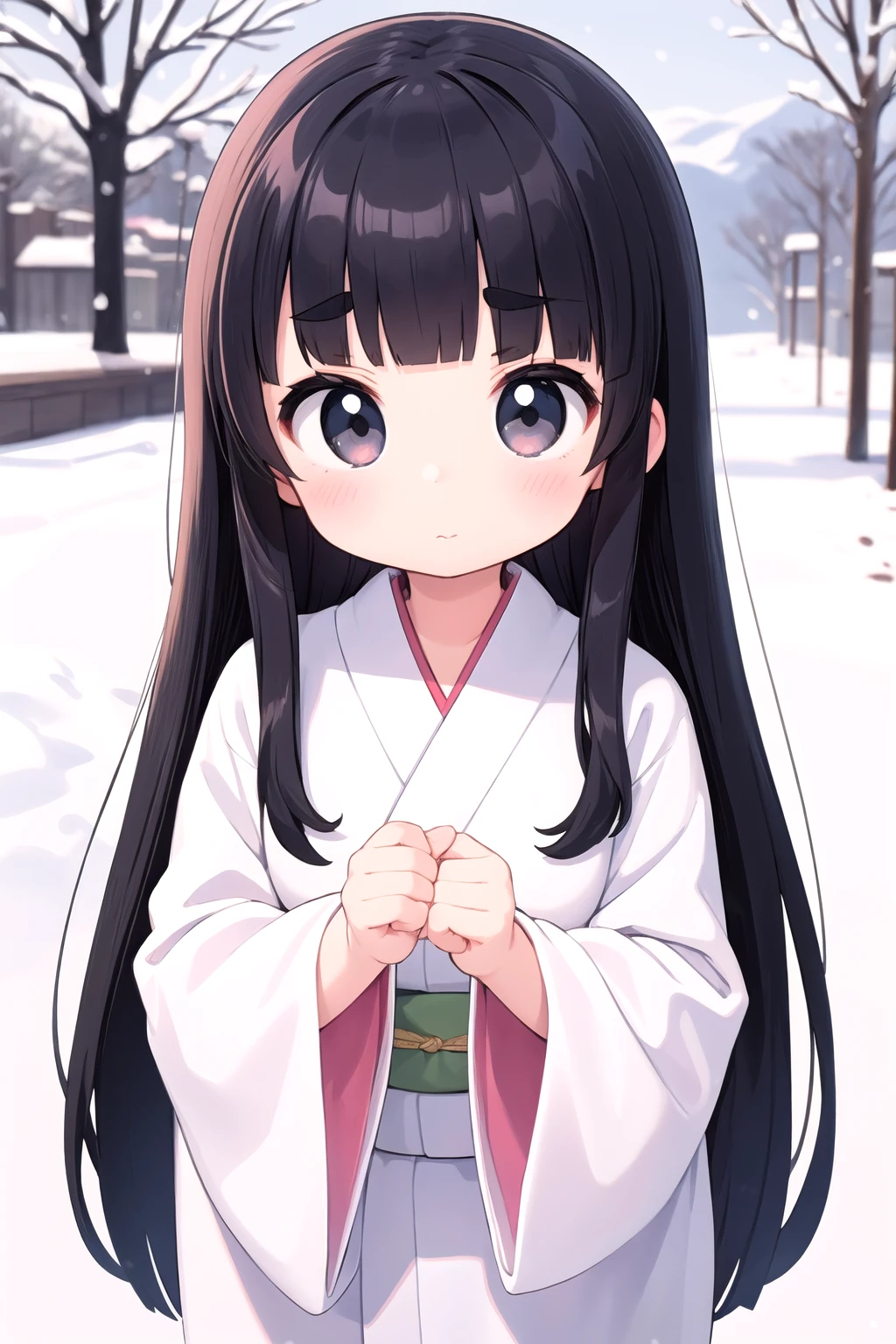 1girl,kawaii,white kimono,black eyes,thick eyebrows,black long hair,blunt bangs,looking at viewer,snow scenery,