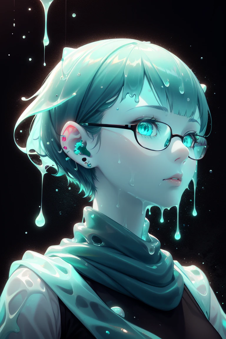 <lora:MintSlimeSkin-18:1.1>, <lora:kionantArtistStyle_v10:0.5>, mintslimeskin , luminescent translucent body ,
1girl,portrait,
black glasses,ear piercings, gray scarf,
sides wept bangs,pixiecut, longbang, (very short hair:1.2), straight hair , (buzz cut:0.8), bob cut
light blue hair, light blue hair , green eyes, glowing eyes,