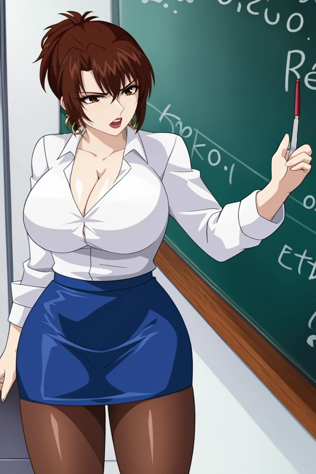 (highres, high quality:1.1), cinematic lighting, extremely detailed,
ragawakiriko, 1girl, mature female, cowboy shot, standing, holding pointer, pointing at chalkboard,
looking at another, open mouth, serious,
brown hair, short hair, folded ponytail, lipstick, makeup, eyeshadow, brown eyes, earrings, jewelry,
shirt, blue pencil skirt, pantyhose,
huge breasts, cleavage, thighs,
classroom,
<lora:RagawaKiriko:0.9>