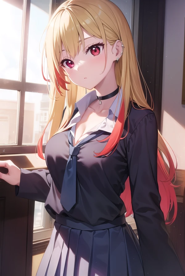 marinkitagawa, <lora:marinkitagawa-lora-nochekaiser:1>, 
marin kitagawa, blonde hair, choker, ear piercing, earrings, long hair, piercing, (red eyes:1.5), straight hair, swept bangs,
BREAK black necktie, long sleeves, pleated skirt, school uniform, shirt, skirt, sleeves rolled up, white shirt, cleavage,
BREAK indoors, classroom,
BREAK looking at viewer, (cowboy shot:1.5),
BREAK <lyco:GoodHands-beta2:1>, (masterpiece:1.2), best quality, high resolution, unity 8k wallpaper, (illustration:0.8), (beautiful detailed eyes:1.6), extremely detailed face, perfect lighting, extremely detailed CG, (perfect hands, perfect anatomy),