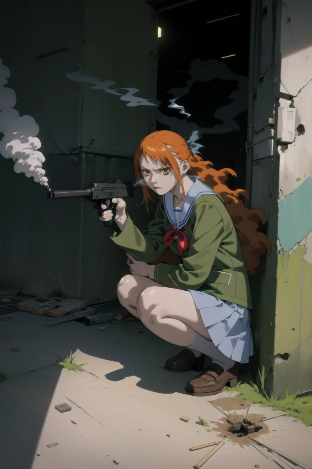 <lora:momomi-000038:1>, momomi,
serafuku, green shirt, skirt, against wall, squatting, bullet holes, glaring, holding weapon, smoke, chaotic,
1girl, solo, cowboy shot, city