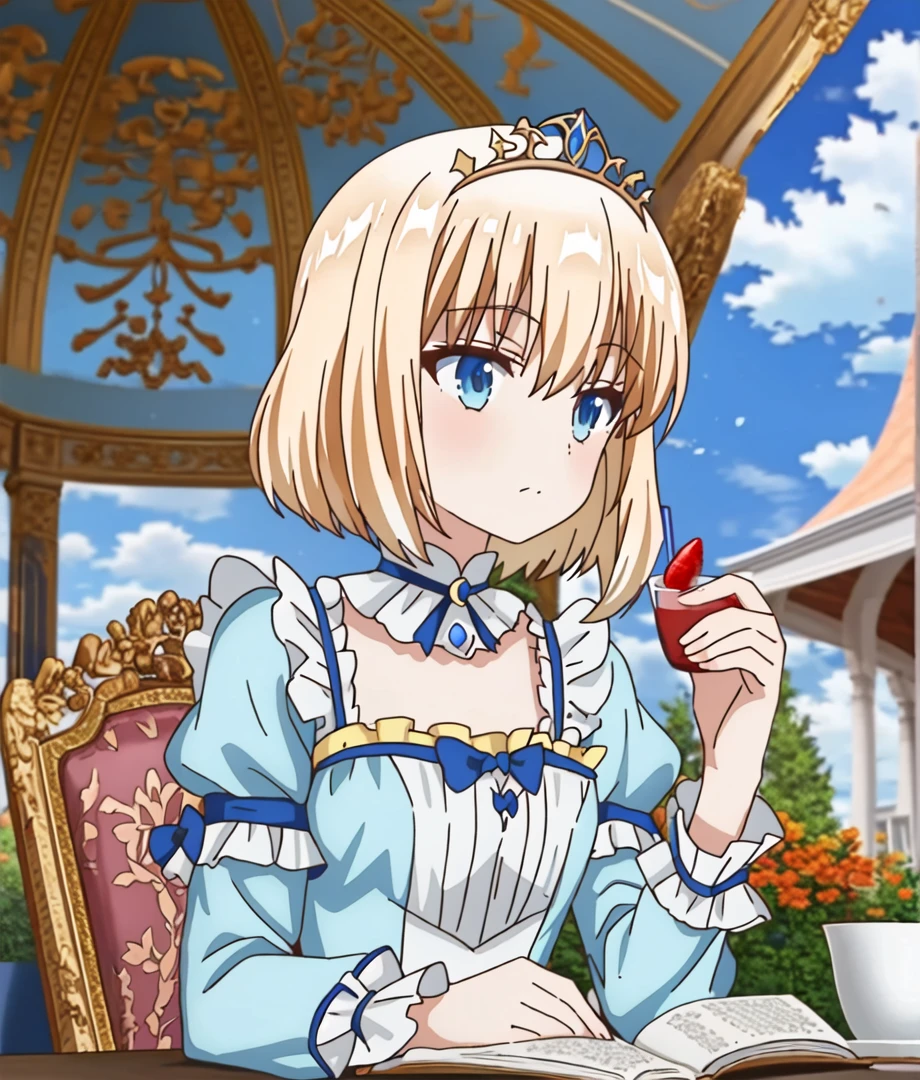 Mia, solo, 1girl, cloudy, tiara, blue blouse, beautiful eyes,
In the courtyard of the palace, a girl sits beneath a pavilion, reading her diary at a table while sipping tea and contemplating a selection of pastries.
<lora:tearmoon_ep01_lohad8_attn-mlp:0.95>