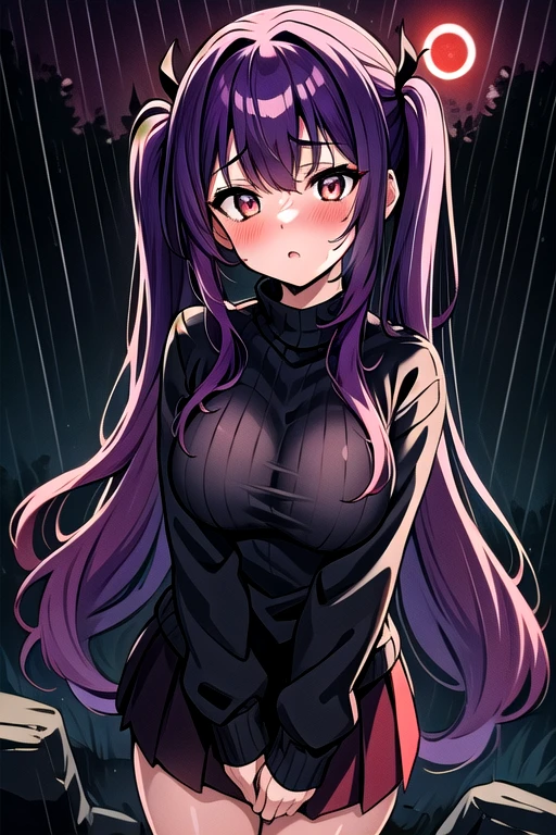 masterpiece, 4k, high quality, highly detailed, detailed face, HDR, vivid colors, natural lighting, girl, 1girl, solo, long and messy purple hair, long twin tails, bright white eyes, blush, medium breasts, wearing black sweater, pleated skirt, standing in a forest, (rain), ((night), lunar eclipse, red moon), stars