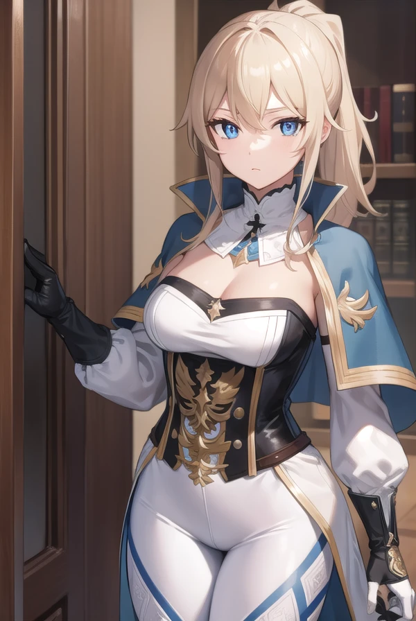 RAW, professional photograph, medium shot, photorealistic, hyper-realistic, ray tracing, super detail, UHD, 8k, female elf, twenty years old, goddess, gold jewelry, athletic body, soft facial features, braided hair, long hair, blonde hair, emerald eyes, white & blue armor, gothic castle, gothic architecture